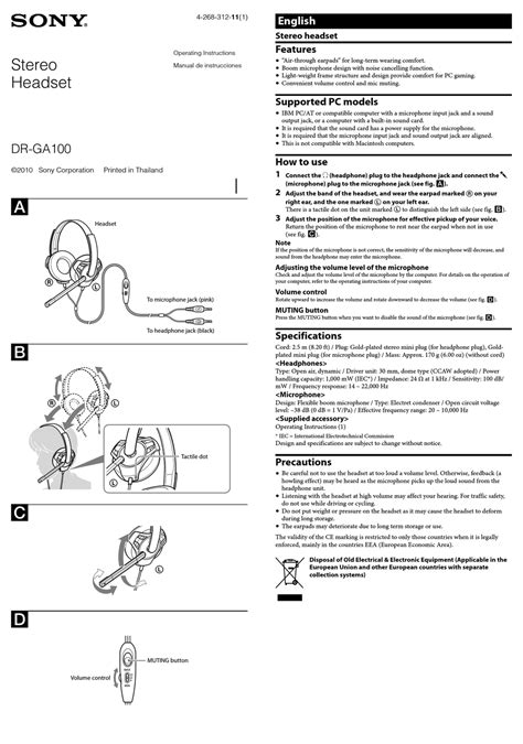 Sony Dr Ga100 Headset Operating Instructions Manualslib
