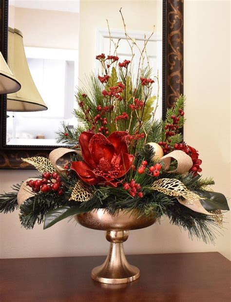 red magnolia christmas centerpiece gold pedestal vase etsy in 2020 christmas centerpieces