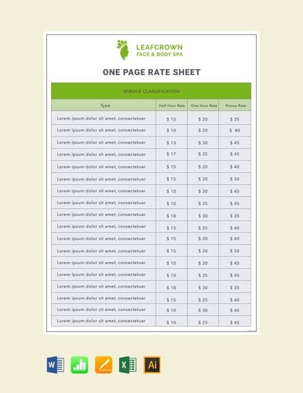 Free Service Rate Sheet Template Word Doc Excel Apple Mac