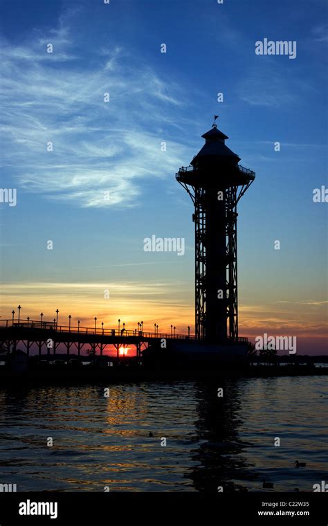 Erie Pennsylvanias Bicentennial Tower At Dobbins Landing At Sunset