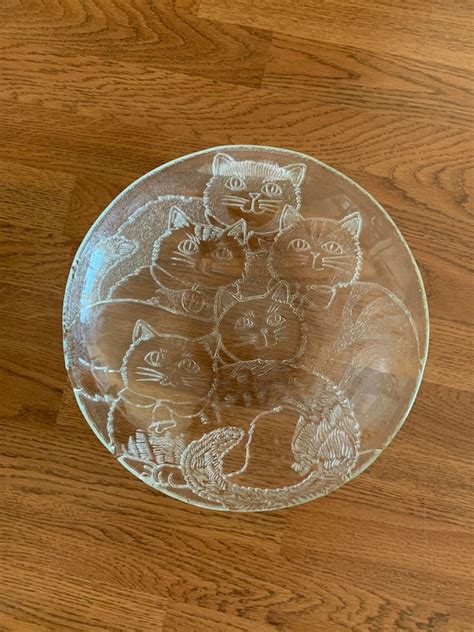 Cat Kitten Round Serving Plate Bowl Clear Glass Embossed Etsy