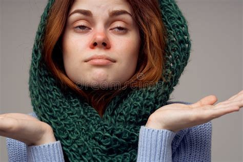 Sick Woman Cold Red Nose Disorder Light Background Stock Photo Image
