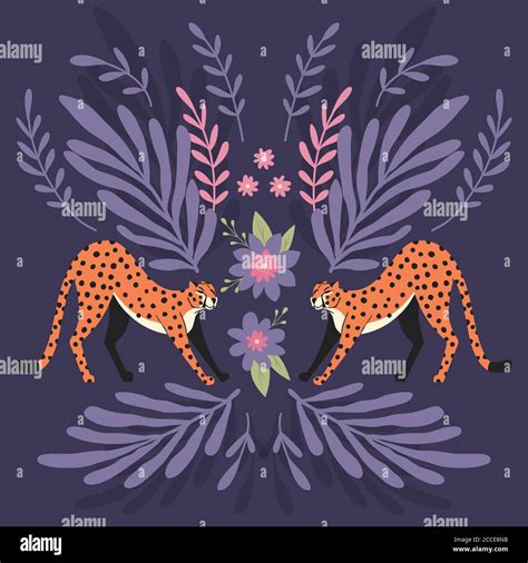 Two Cute Hand Drawn Cheetahs Stretching On Dark Purple Background With