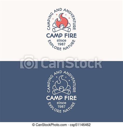 Camping logo set consisting of camp fire and sign explore nature for kids camp, explore emblem ...