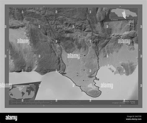 Clarendon Parish Of Jamaica Grayscale Elevation Map With Lakes And