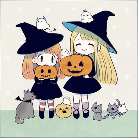 Halloween Anime Girls Ayu Kawaii Witch Ghost Devil Pumpkin Cats Cute