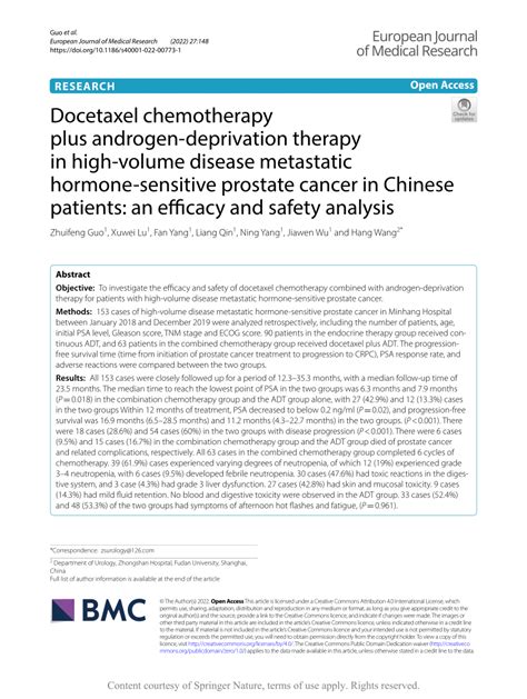 Pdf Docetaxel Chemotherapy Plus Androgen Deprivation Therapy In High Volume Disease Metastatic