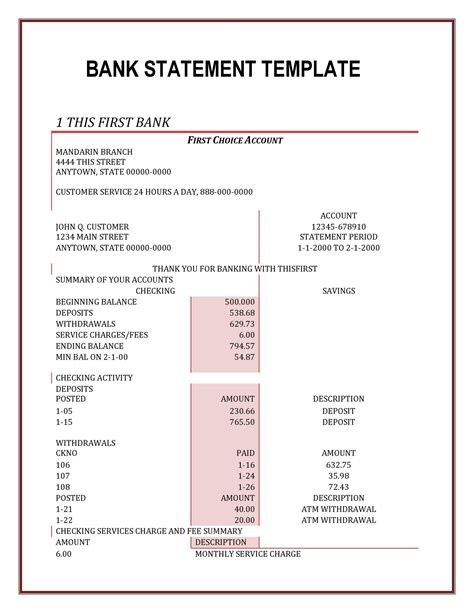 Bank Statement Of Account Sample