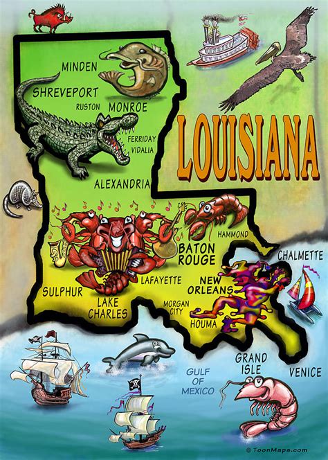 Louisiana Cartoon Map Digital Art By Kevin Middleton Fine Art America
