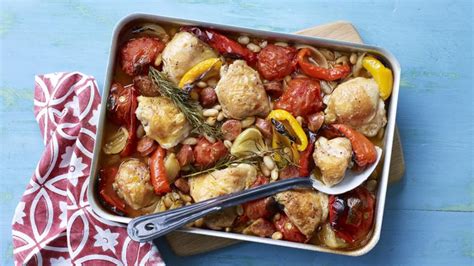 Chicken Traybake With Chorizo Tomato And Red Peppers Recipe Bbc Food