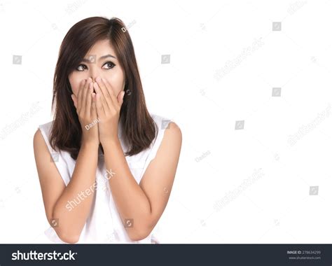Happy Surprised Excited Woman Covering With Hands Her Mouth With Blank