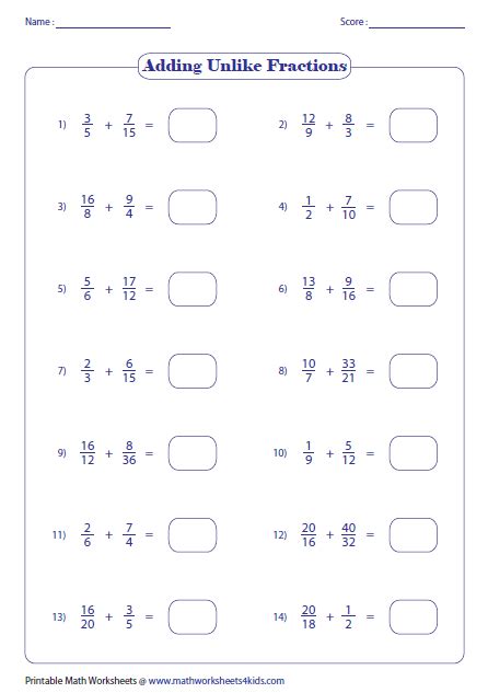 Adding Fractions With Different Denominators Worksheets