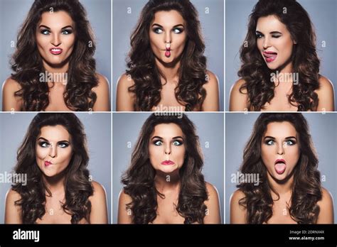 Woman Making Silly Faces Set Of Different Facial Expressions Stock
