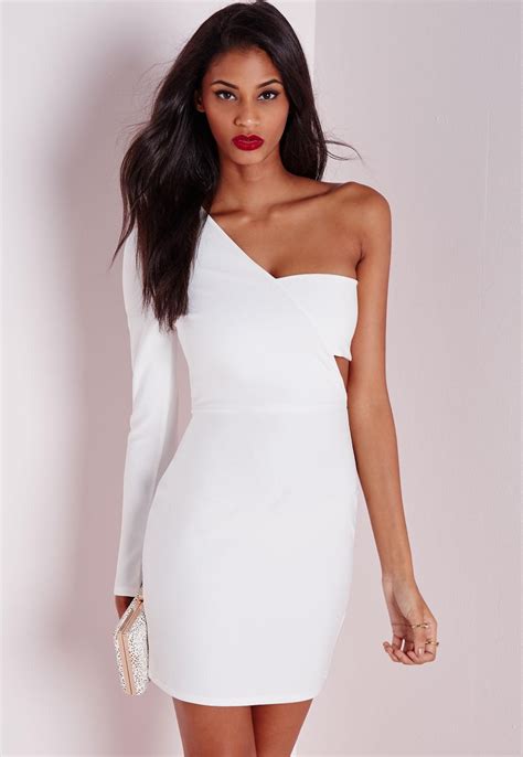 Crepe One Shoulder Bodycon Dress White White Long Sleeve Cocktail