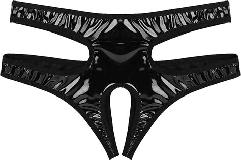 Inlzdz Womens Sexy Wet Look Faux Leather Crotchless Panties Hollow Out Lingerie
