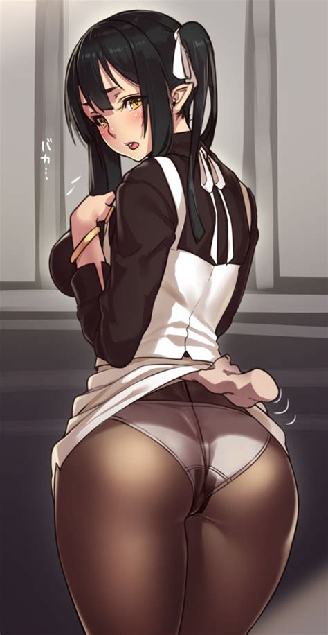 rule 34 1girls ass black hair black legwear blush bracelet breasts crotch seam elf elf