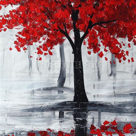 Large Modern Abstract Red Black Tree Hand Paint Oil