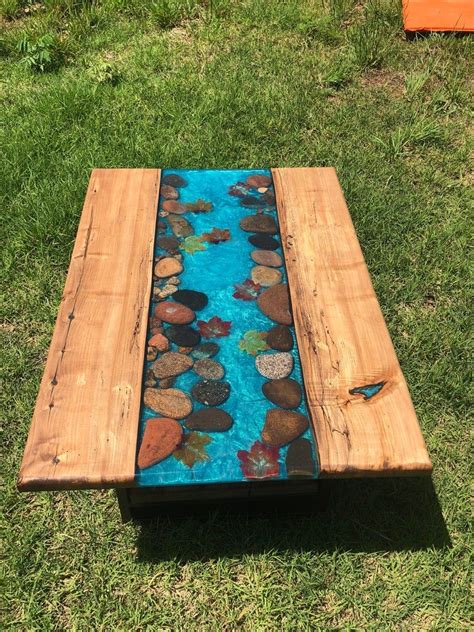 Prices for our solid wood and live edge conference tables start at about $4,500, average about $9,000, and top. Live edge river table with shelf underneath with stones and | Etsy in 2020 | Diy resin table ...