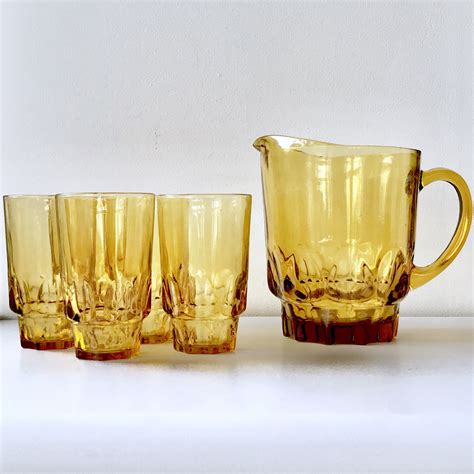 Mid Century Modern Amber Glass Barware Set Vintage Pitcher Etsy