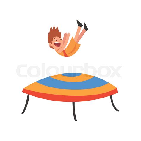 Happy Boy Jumping On Trampoline Smiling Little Kid Bouncing And Having