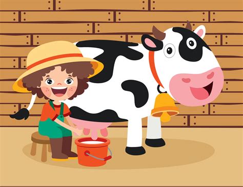 Niño De Dibujos Animados Ordeñando Una Vaca 13474279 Vector En Vecteezy