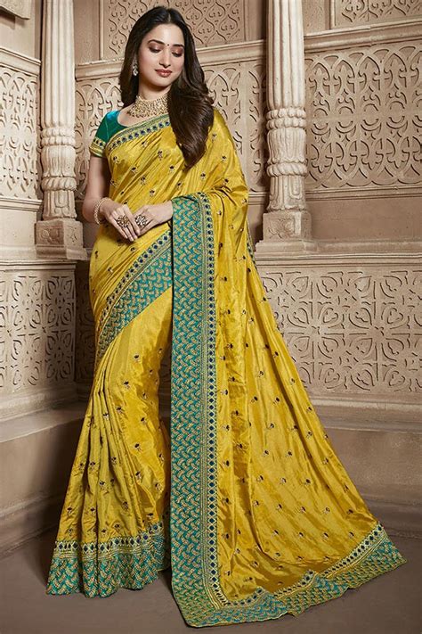 Buy Tamannaah Bhatia Function Wear Designer Art Silk Yellow Lace Border