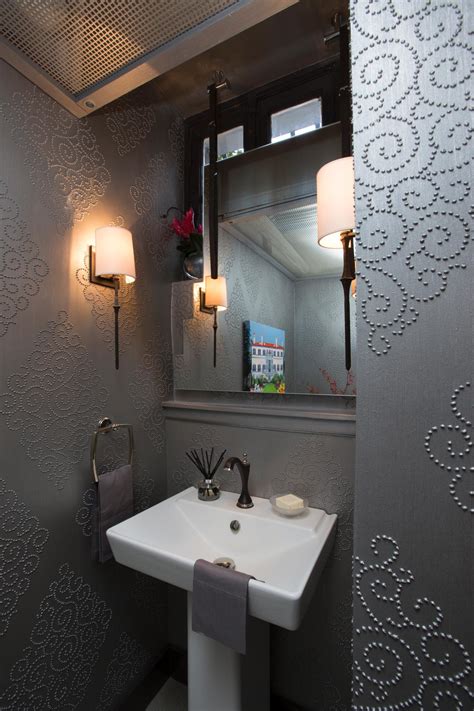 Art Deco Powder Room With Sink And Silver Wallpaper Hgtv