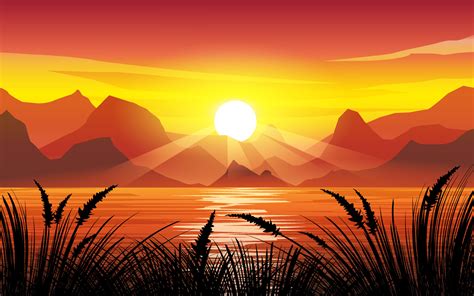 Dramatic Sunset At Lake With Grass And Mountains 7740241 Vector Art At