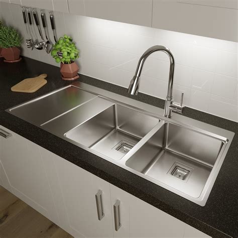S Uber Kitchen Sink Double Bowl Lh Drainer Stainless Steel Inset