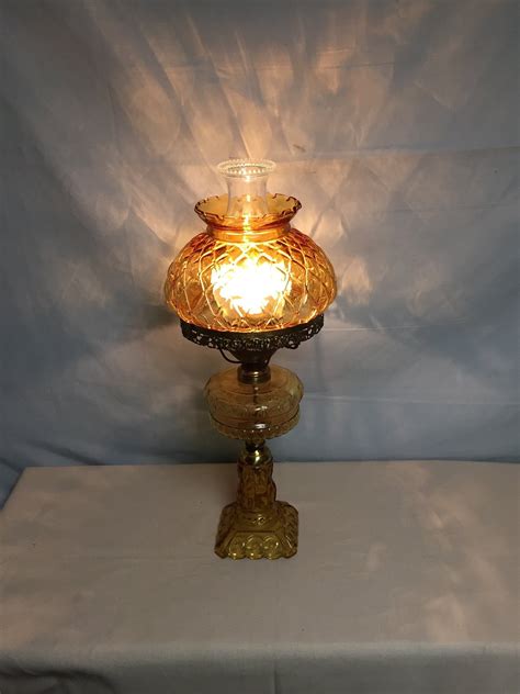 Antique Quilted Amber Glass Electric Hurricane Lamp Converted Oil Lamp Table Lamp