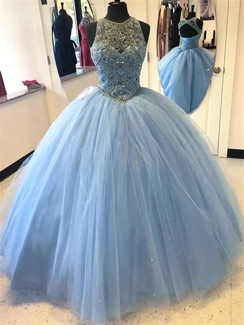 Major Beading Blue Puffy Prom Dresses Crystals Rhinestones Ball Gown
