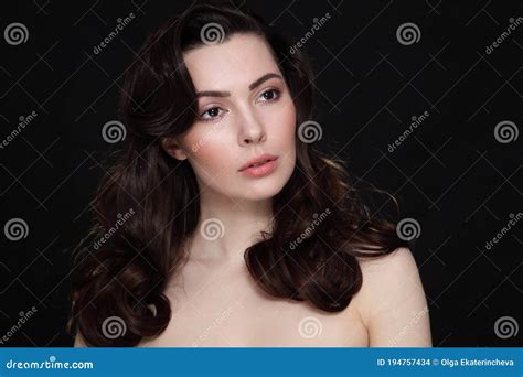 Brunette With Long Curly Hair And Natural Makeup Stock Photo Image Of