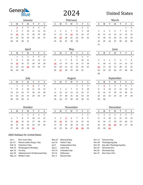 2024 United States Calendar With Holidays