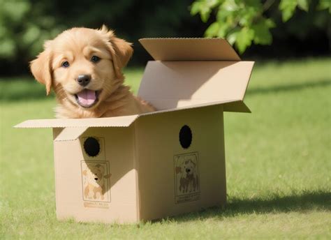 Premium Photo Cute Puppy Golden Retriever Standing In Cardboard Box