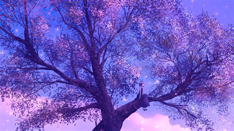 Anime woman in blue top illustration, wlop, violet evergarden . 1366x768 Anime Girl Sitting On Purple Big Tree 4k 1366x768 ...