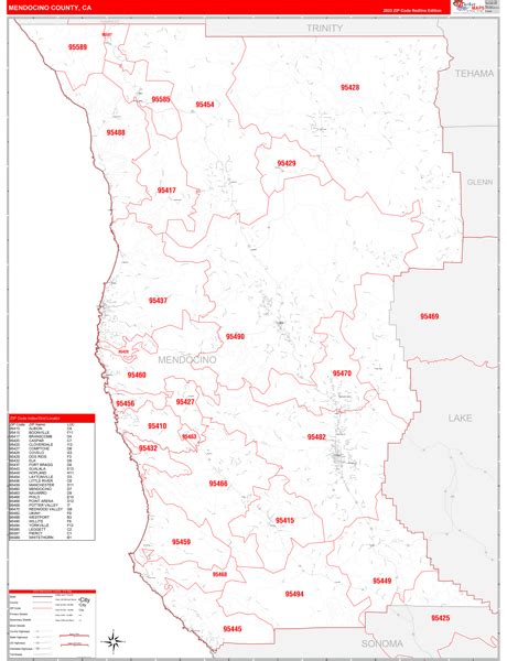 Mendocino County Ca Zip Code Wall Map Red Line Style By Marketmaps