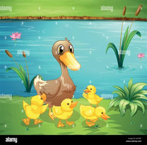 Ilustración De Una Madre Pato Con Sus Patitos En El Río Imagen Vector