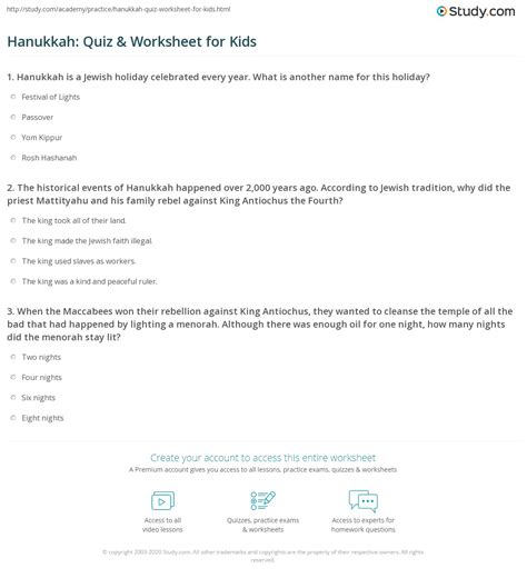 Hanukkah Quiz And Worksheet For Kids