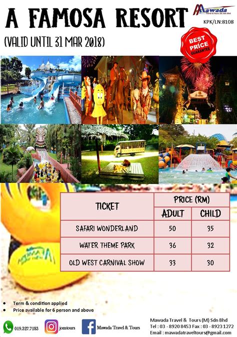 The a'famosa water theme park is open from late morning until evening on weekdays and from midmorning until evening on weekends. JomTours: 2D1N A'FAMOSA