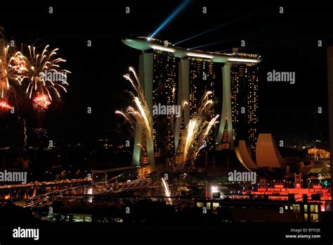 Marina Bay Sands In Singapore At Night During The Fireworks Of The