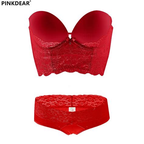 Lace Embroidery Red Underwear Set Woman Strapless Bra Dress Evening