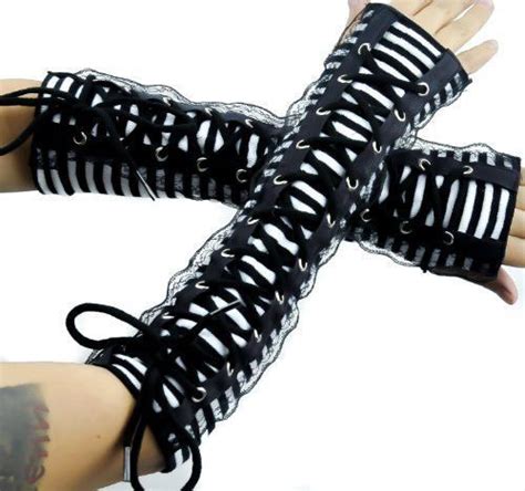 black white stripe fingerless gloves lace up arm warmers lace gloves arm warmers long gloves