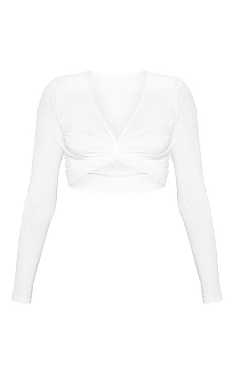 White Slinky Long Sleeve Twist Front Crop Top Prettylittlething Usa