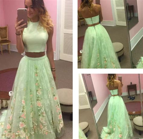 Two Piece Prom Dresses Scoop Aline Short Train Lace Tulle Sage Prom Dr