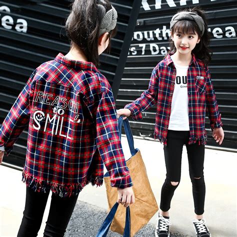 School Long Sleeve Shirt Girls Autumn Cotton Plaid Blouses For Girls