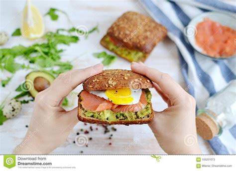 Smoked Salmon Sandwich With Avocado And Quail Egg Stock Image Image