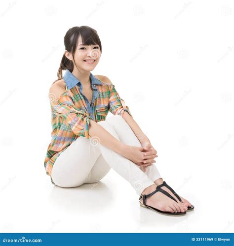 Happy Smiling Asian Woman Sit On Ground Stock Image Image Of Elegant