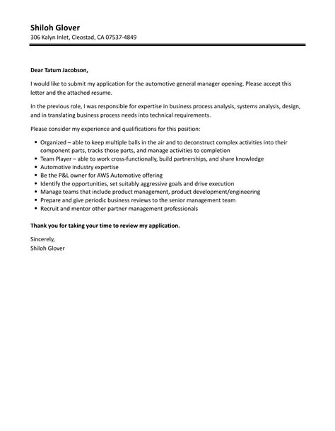 Automotive General Manager Cover Letter | Velvet Jobs