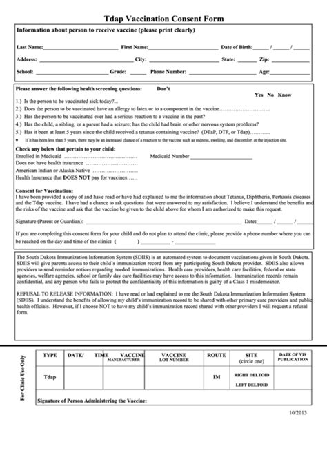 Tetanus the cdc maintains the tdap shot is especially important for anyone who anticipates having close contact. Tdap Vaccination Consent Form - South Dakota printable pdf download