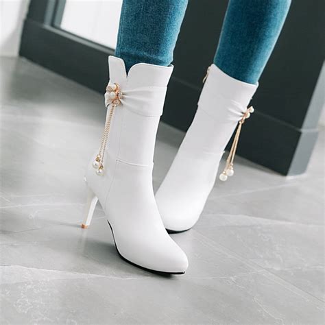 Pxelena Sexy Elegant Stiletto High Heels Mid Calf Boots Ladies Shoes